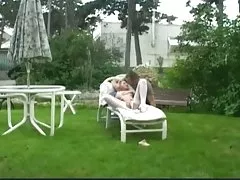 Stocking sex in the backyard